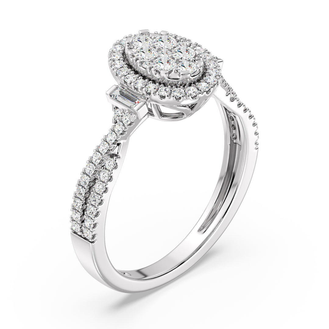 18K White Gold Oval Cluster Halo Engagement Ring with 0.67 CTW lab-grown diamonds, highlighting a sophisticated oval cluster halo design with round and baguette diamonds in sleek white gold.