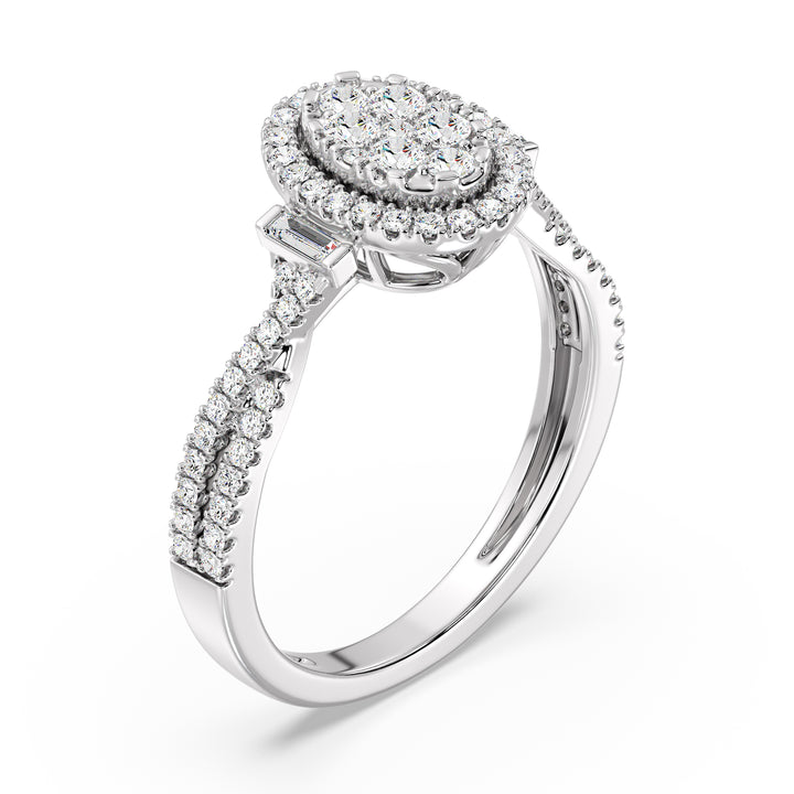 18K White Gold Oval Cluster Halo Engagement Ring with 0.67 CTW lab-grown diamonds, highlighting a sophisticated oval cluster halo design with round and baguette diamonds in sleek white gold.