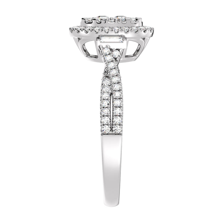 18K White Gold Oval Cluster Halo Engagement Ring with 0.67 CTW lab-grown diamonds, highlighting a sophisticated oval cluster halo design with round and baguette diamonds in sleek white gold.