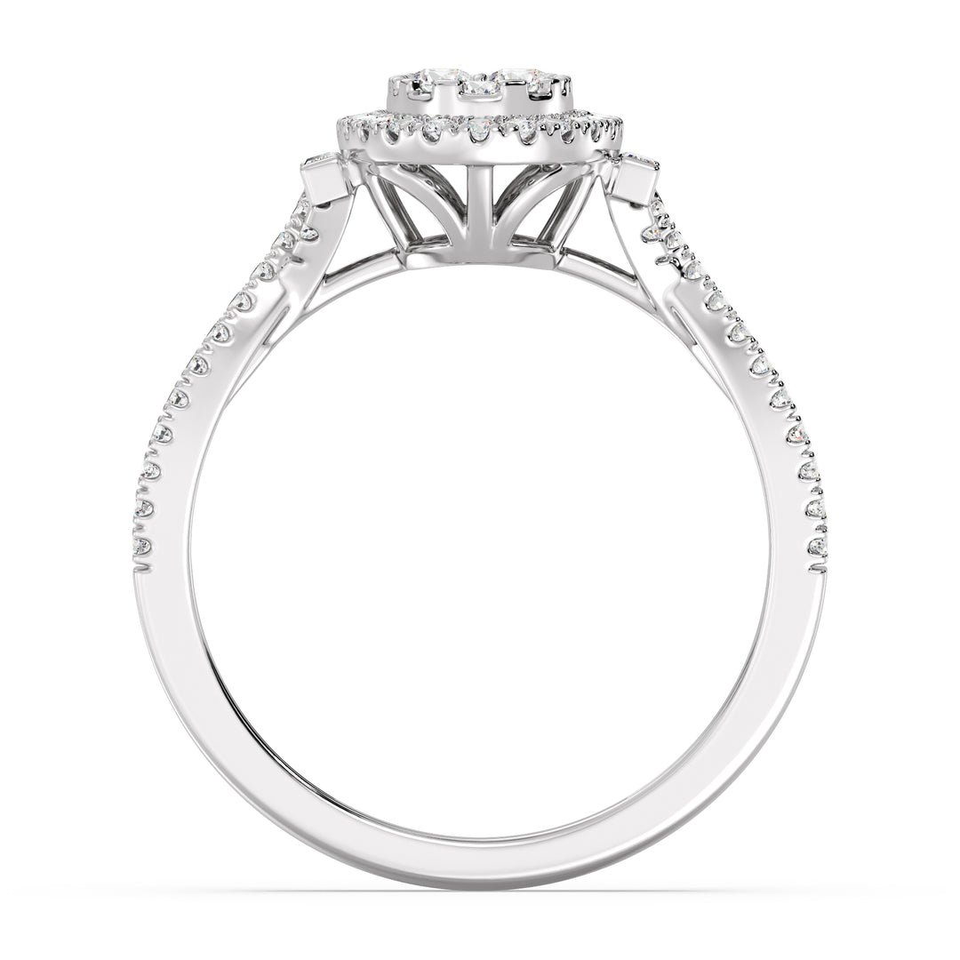 18K White Gold Oval Cluster Halo Engagement Ring with 0.67 CTW lab-grown diamonds, highlighting a sophisticated oval cluster halo design with round and baguette diamonds in sleek white gold.