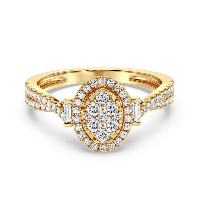 18K Yellow Gold Oval Cluster Halo Engagement Ring with 0.67 CTW lab-grown diamonds, featuring a stunning oval cluster halo design with round and baguette diamonds in vibrant yellow gold.