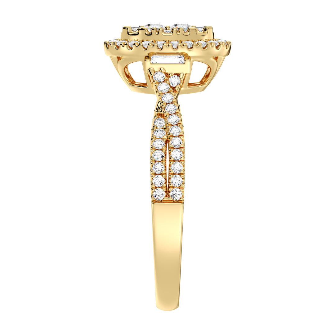 18K Yellow Gold Oval Cluster Halo Engagement Ring with 0.67 CTW lab-grown diamonds, featuring a stunning oval cluster halo design with round and baguette diamonds in vibrant yellow gold.