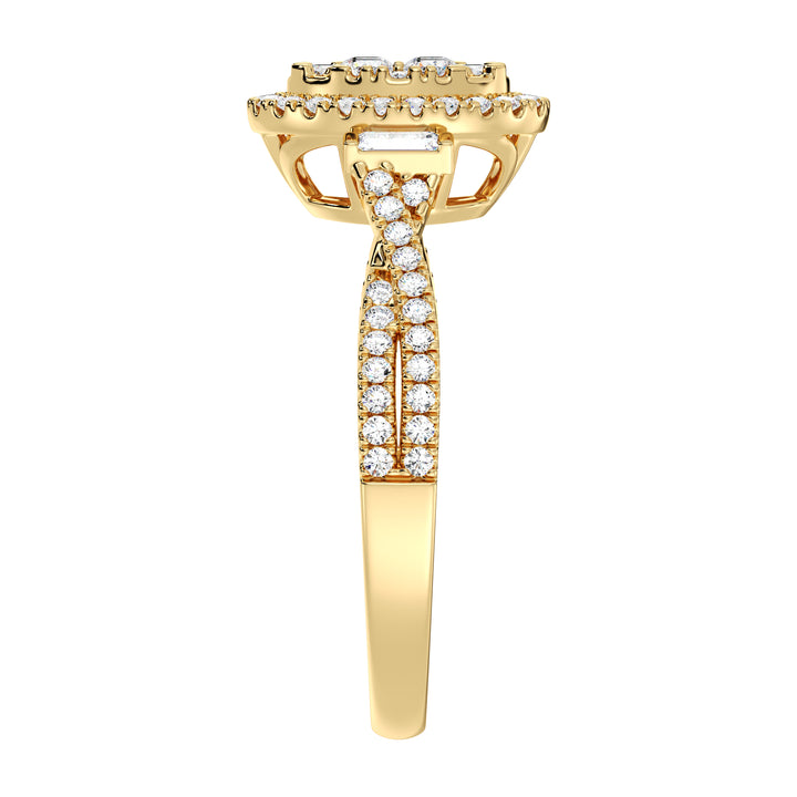 18K Yellow Gold Oval Cluster Halo Engagement Ring with 0.67 CTW lab-grown diamonds, featuring a stunning oval cluster halo design with round and baguette diamonds in vibrant yellow gold.