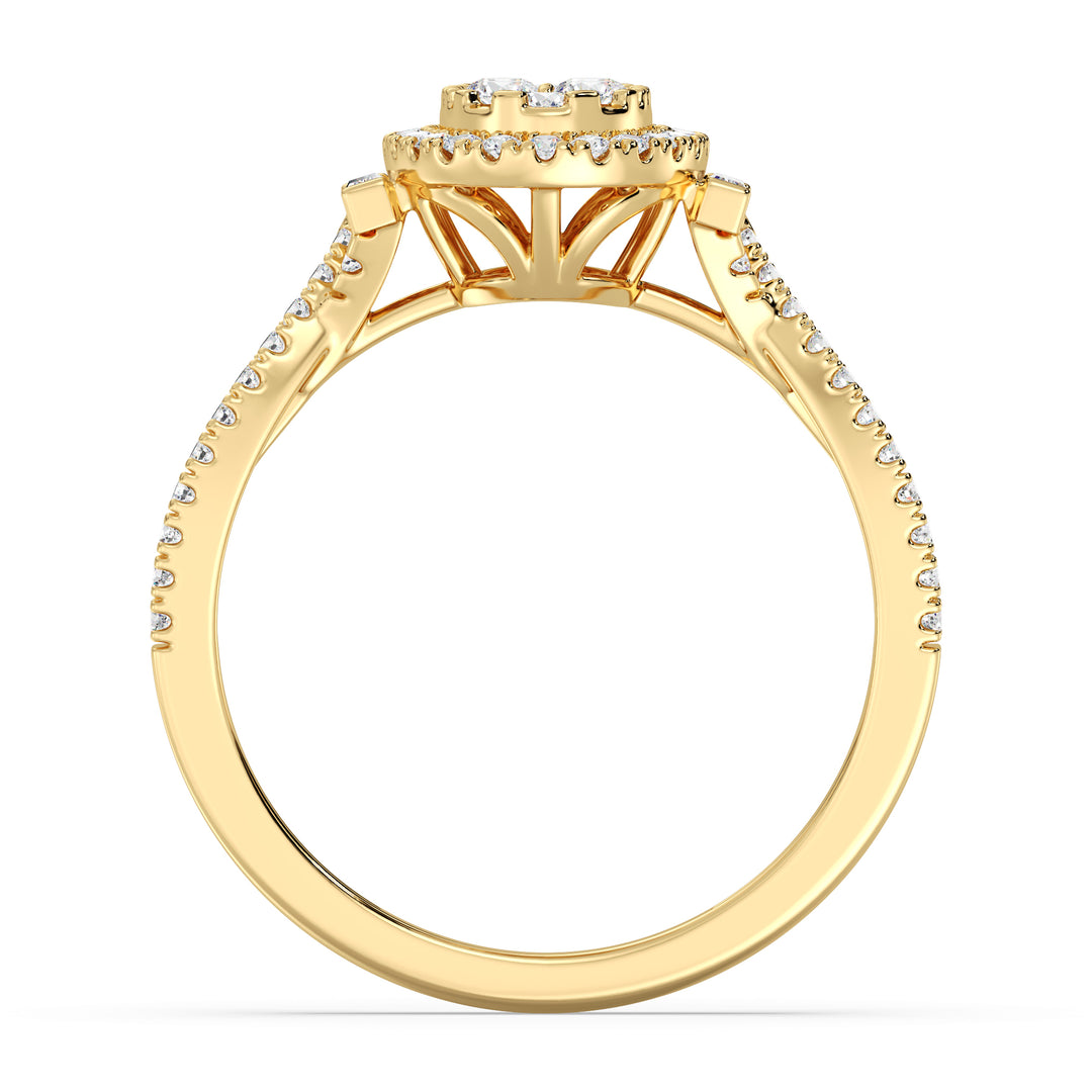 18K Yellow Gold Oval Cluster Halo Engagement Ring with 0.67 CTW lab-grown diamonds, featuring a stunning oval cluster halo design with round and baguette diamonds in vibrant yellow gold.