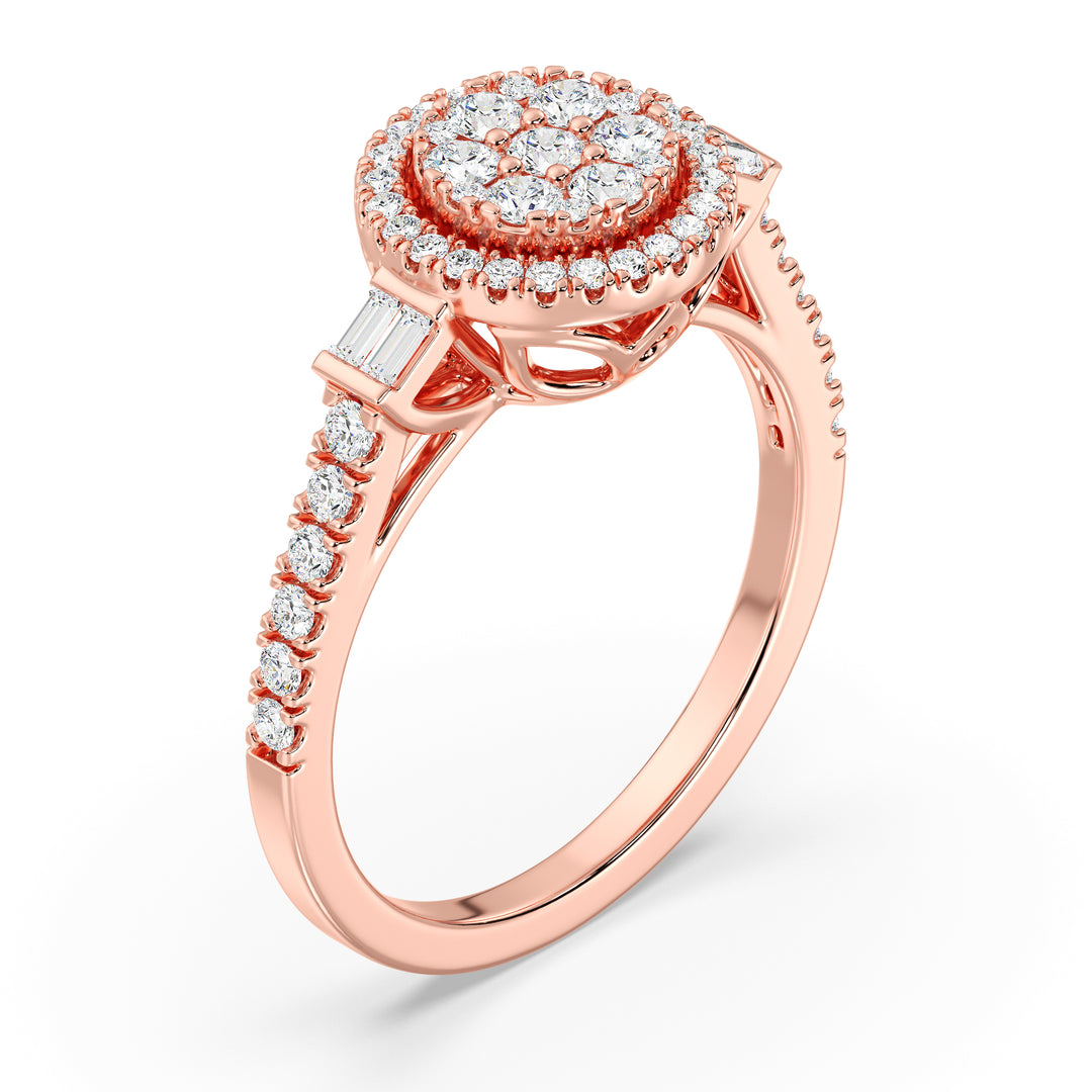 An elegant 0.74 CTTW Lab-Grown Diamond Round Cluster Halo Engagement Ring in 18K Rose Gold. The romantic blush tone of the rose gold band enhances the brilliance of the EF color, VS clarity diamonds set in a captivating round cluster halo pattern.