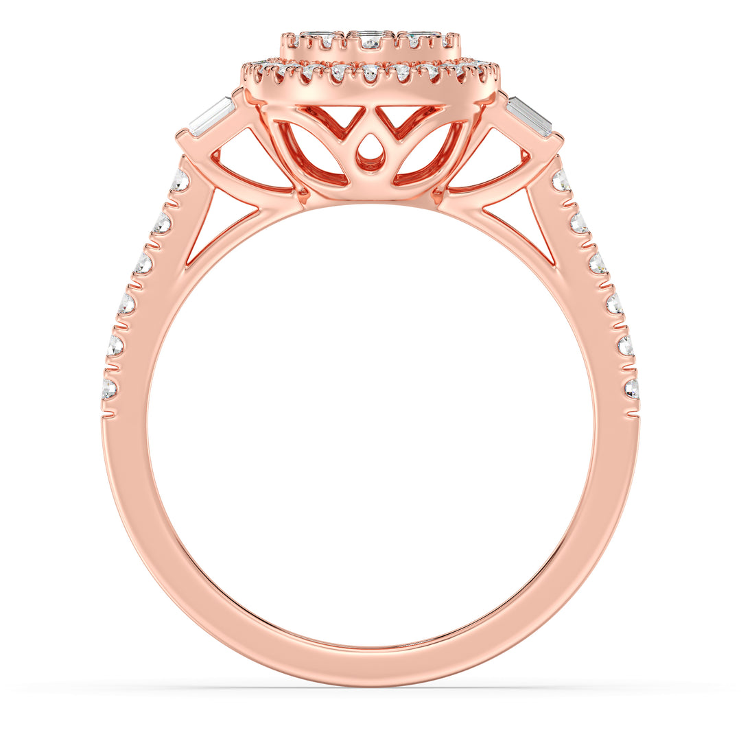 An elegant 0.74 CTTW Lab-Grown Diamond Round Cluster Halo Engagement Ring in 18K Rose Gold. The romantic blush tone of the rose gold band enhances the brilliance of the EF color, VS clarity diamonds set in a captivating round cluster halo pattern.