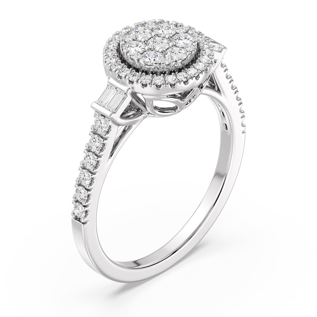 A timeless 0.74 CTTW Lab-Grown Diamond Round Cluster Halo Engagement Ring in 18K White Gold. The sleek white gold band highlights the radiant sparkle of the EF color, VS clarity diamonds arranged in a luminous round cluster halo design.