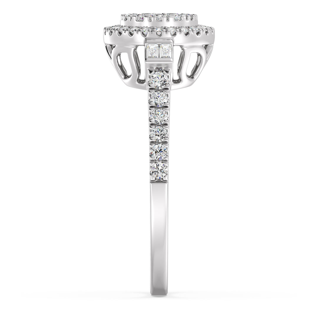 A timeless 0.74 CTTW Lab-Grown Diamond Round Cluster Halo Engagement Ring in 18K White Gold. The sleek white gold band highlights the radiant sparkle of the EF color, VS clarity diamonds arranged in a luminous round cluster halo design.