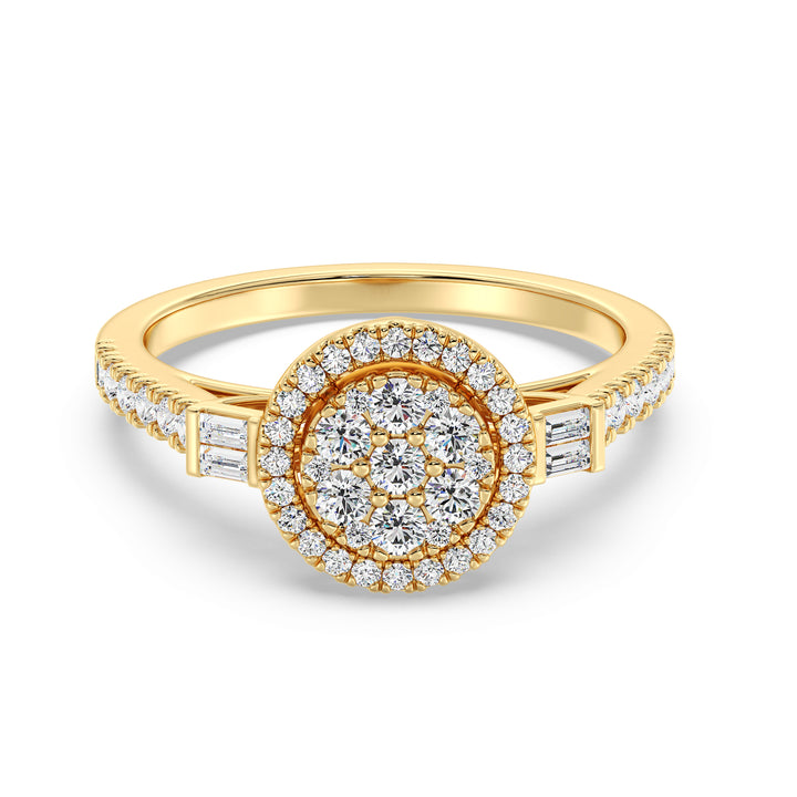 A stunning 0.74 CTTW Lab-Grown Diamond Round Cluster Halo Engagement Ring in 18K Yellow Gold. The warm yellow gold band beautifully complements the sparkling EF color, VS clarity diamonds arranged in a dazzling round cluster halo design.